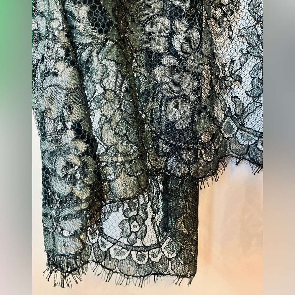 Brand New Gorgeous Rosamosario Anthracite Lace Short Robe w/Long Black Silk Tie - Picture 3 of 11